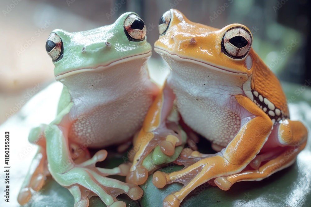 Poster a pair of frogs perched on a leaf, looking out at the viewer