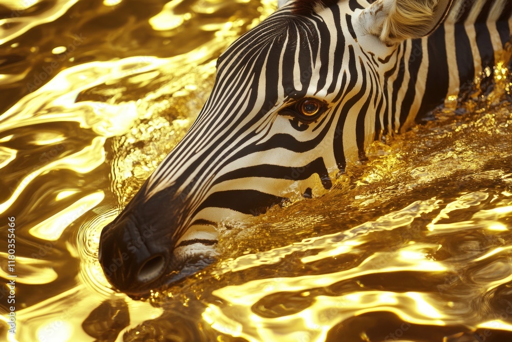 Poster close-up of a zebra standing in shallow water, with its stripes and mane visible