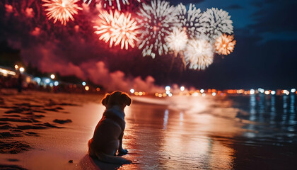 A cute puppy sits on the beach, watching fireworks light up the night sky with reflections on the water. 