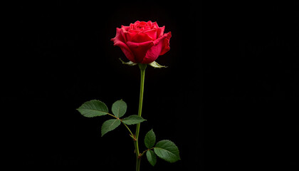 Single red rose blooming against black background