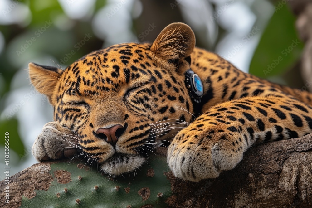 Poster A close-up shot of a leopard relaxing on a tree branch