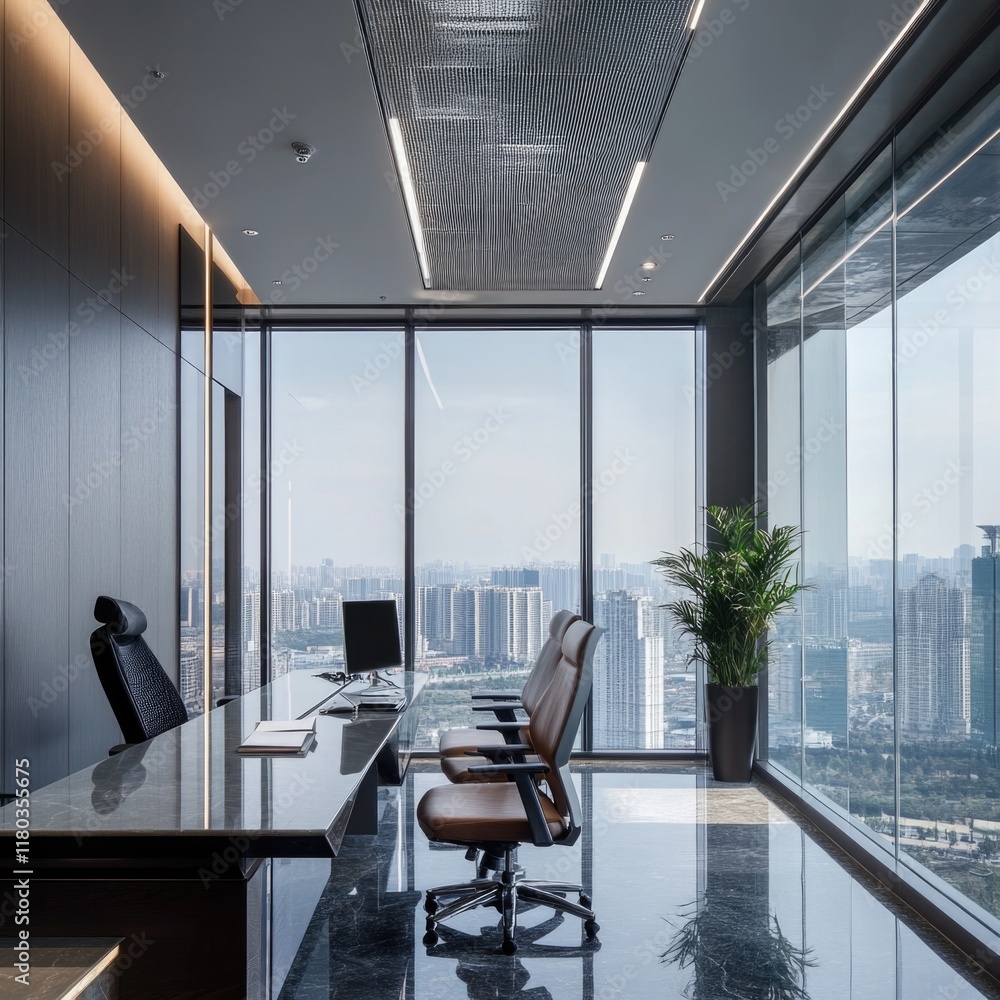 Poster a modern office space with a large window offering a panoramic view of the city