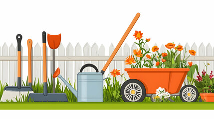 Gardening tools, watering can, and wheelbarrow by white picket fence. Flowers and plants in garden bed.