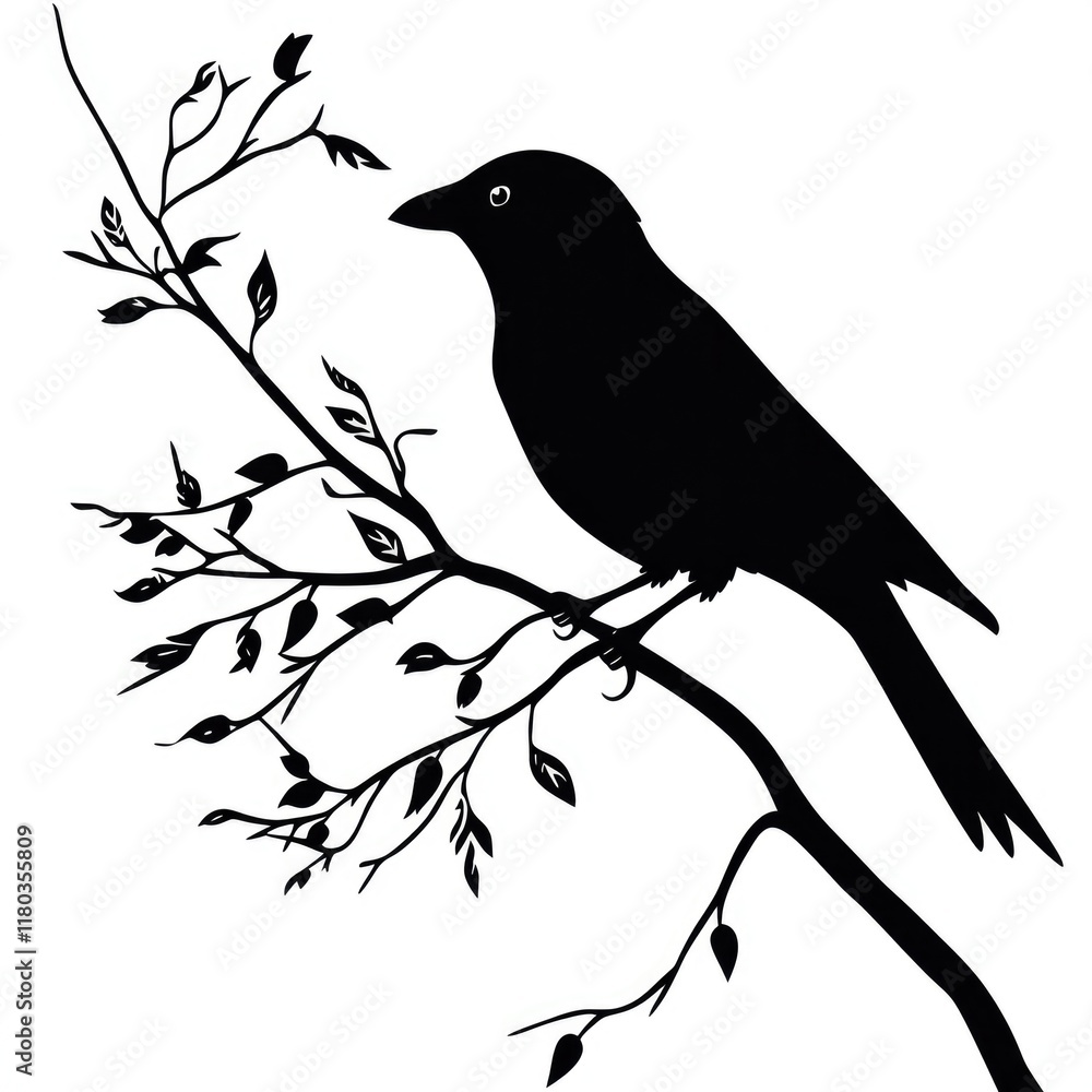 Poster a black bird sits peacefully on a branch of a tree, possibly waiting for food or taking a break