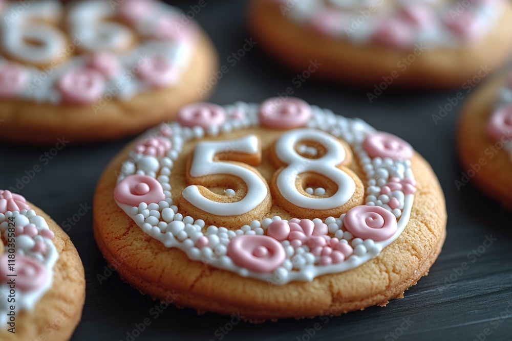 Aufkleber Close-up shot of a cookie with a number written on it, suitable for use in illustrations or designs related to food, counting, or branding