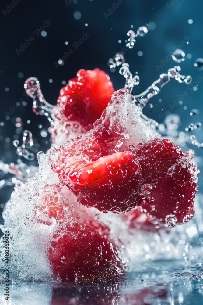 Poster fresh strawberries getting wet with water in a close-up shot