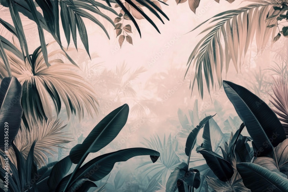Poster a dense jungle scene with tall palm trees and lush greenery