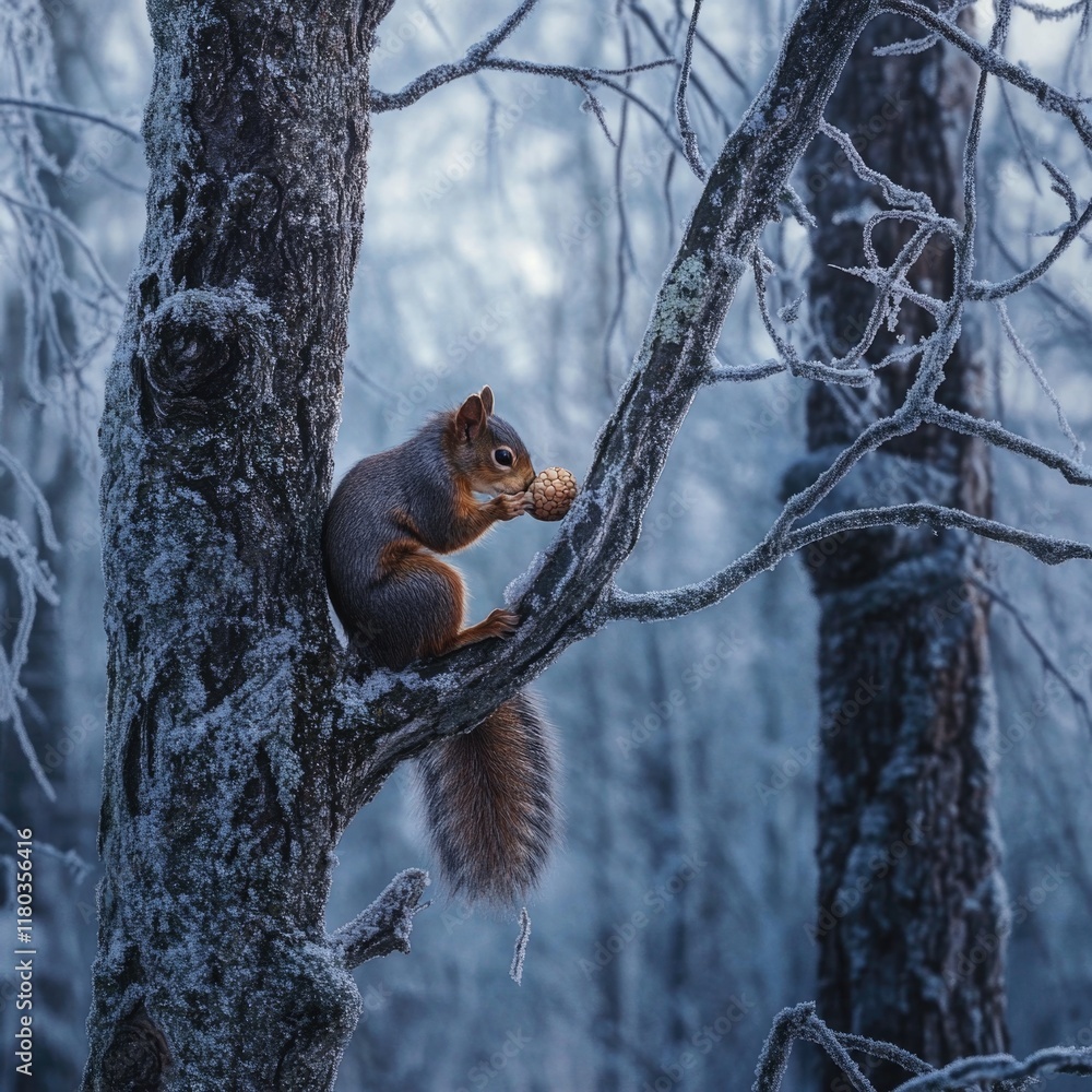 Poster a squirrel sits on a snow-covered tree branch in a winter forest scene
