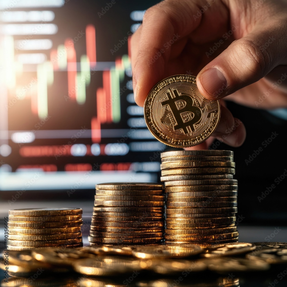 Poster a person placing a bit coin on top of a pile of other coins, with a focus on the action and the coin