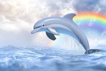 Obraz premium A dolphin jumps out of the ocean, surrounded by a vibrant rainbow