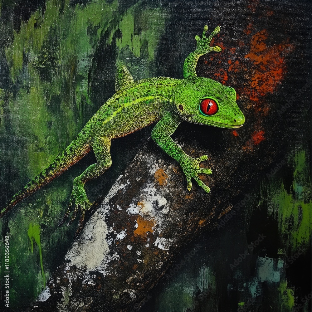 Poster A small green gecko perched on a tree branch, showcasing its vibrant color and unique features