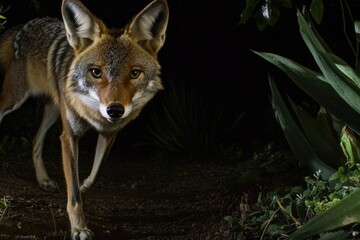 A wolf walks through a forest at night