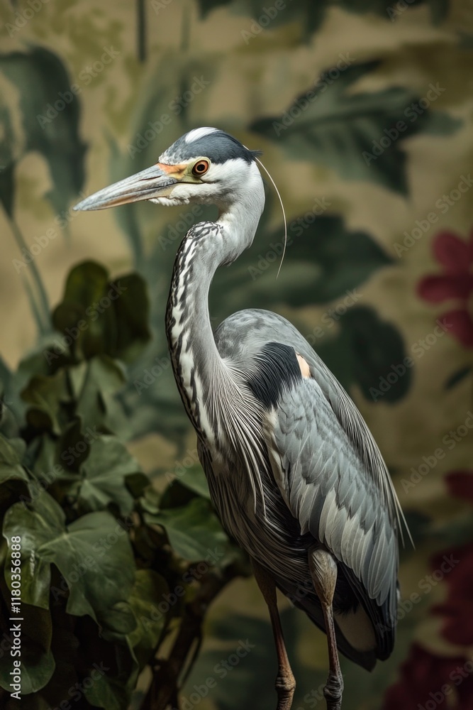 Poster a large bird sitting on the top of a tree branch, a serene scene