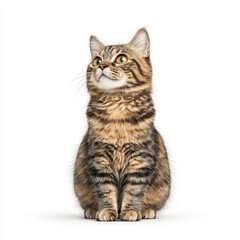 Obraz premium A beautiful, striped domestic American Wirehair cat with bright eyes, sitting gracefully. Perfect for pet lovers and animal enthusiasts.