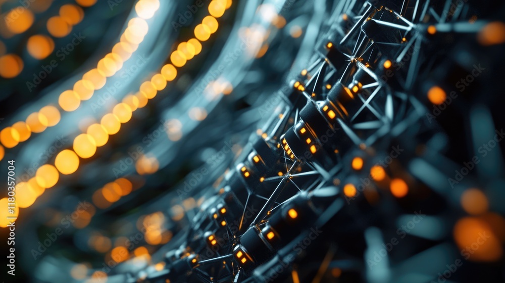 Poster Close-up view of a metal structure with lights in the background, suitable for use in industrial or architectural designs