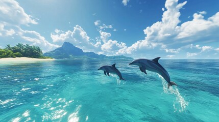 Obraz premium playful dolphins jumping out of the crystal clear ocean water under a bright blue sky, with a tropical island in the distance generative ai