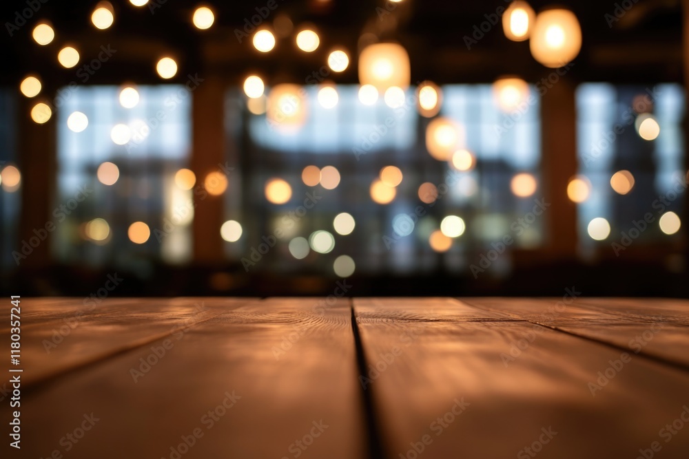 Poster a simple wooden table with soft lights in the background