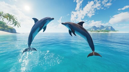Obraz premium playful dolphins jumping out of the crystal clear ocean water under a bright blue sky, with a tropical island in the distance generative ai
