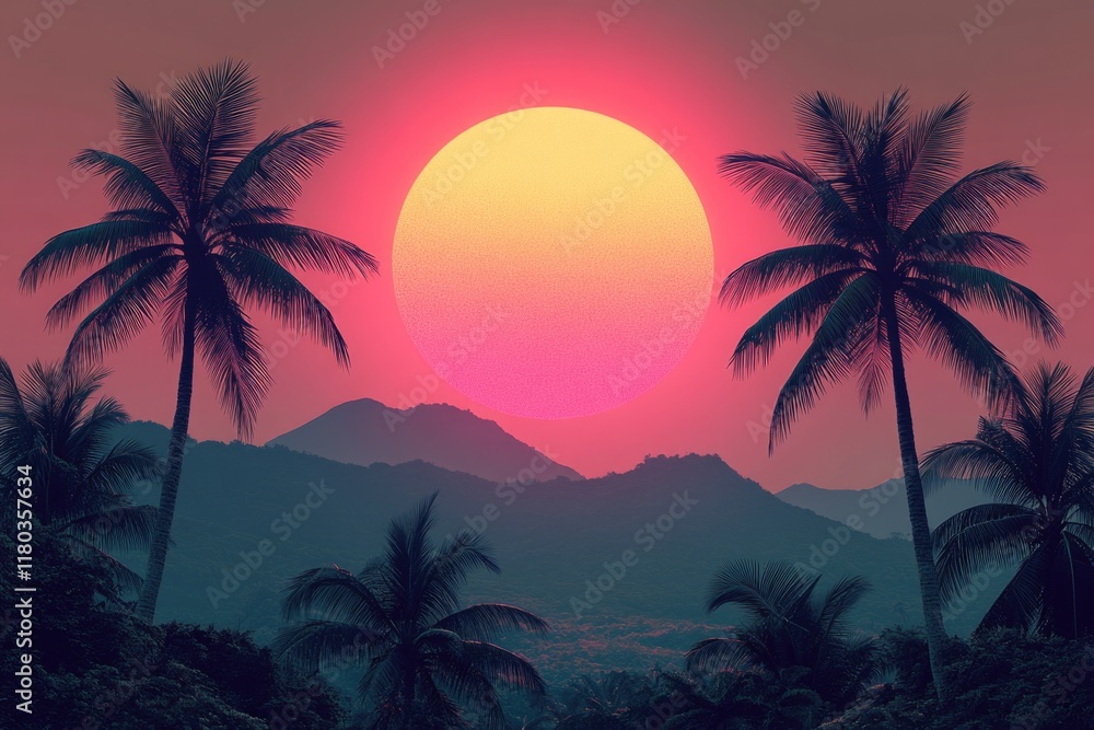 Poster A serene scene of a sunset with palm trees and mountains in the background