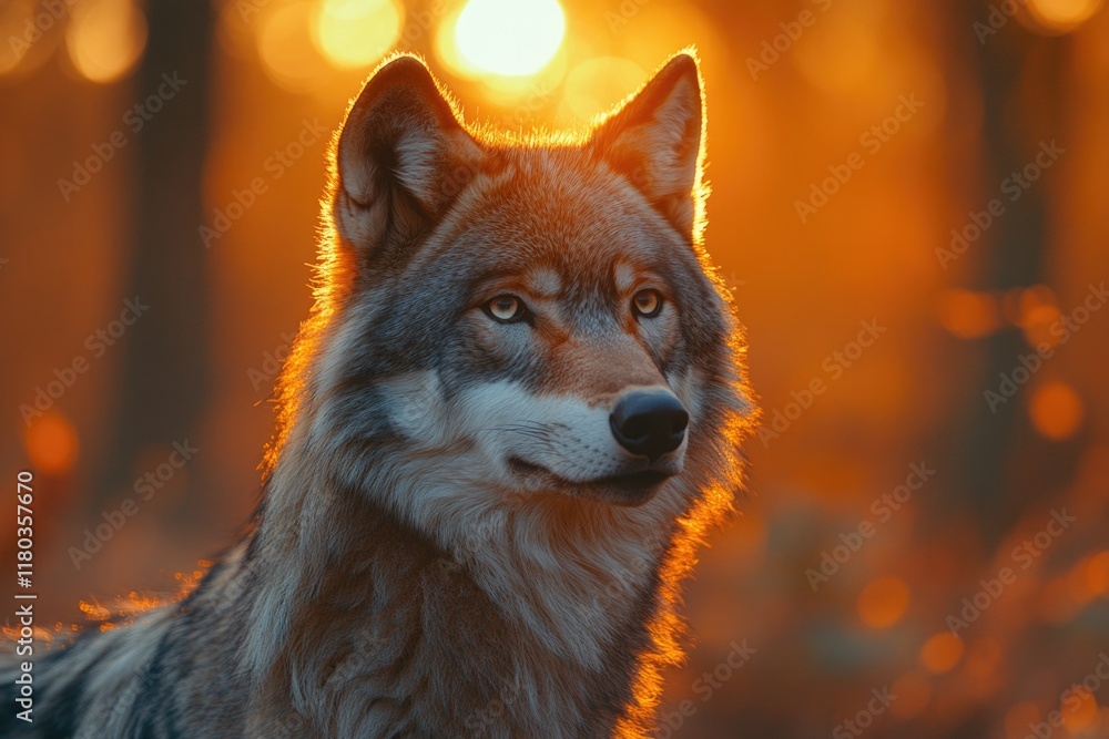 Poster a close-up view of a wolf's face with the sun shining brightly in the background