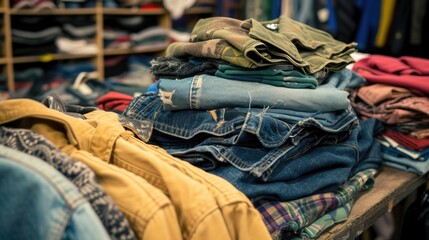 Stack of colorful clothing on display at vintage thrift store. Second hand clothes for sale