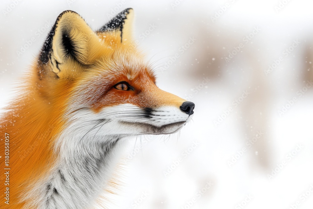 Poster A close-up view of a red fox's face in a snowy environment, providing an intimate look at its fur and eyes