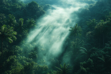 Fototapeta premium Photo réaliste d’une forêt tropicale dense avec brouillard et lumière du matin