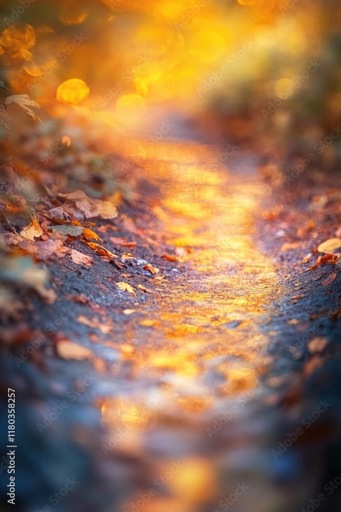 Poster a blurred image of a path covered in autumn leaves
