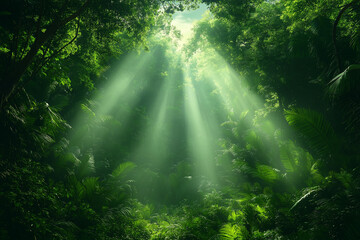 Photo réaliste d’une forêt tropicale dense avec brouillard et lumière du matin