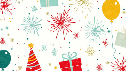 Festive celebration background with gifts, confetti, fireworks, and balloons.