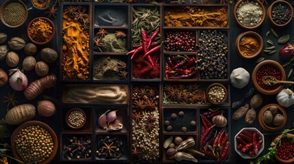 Assorted spices and herbs in wooden containers on dark background