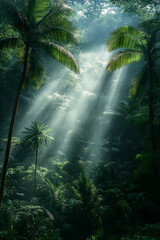Photo réaliste d’une forêt tropicale dense avec brouillard et lumière du matin