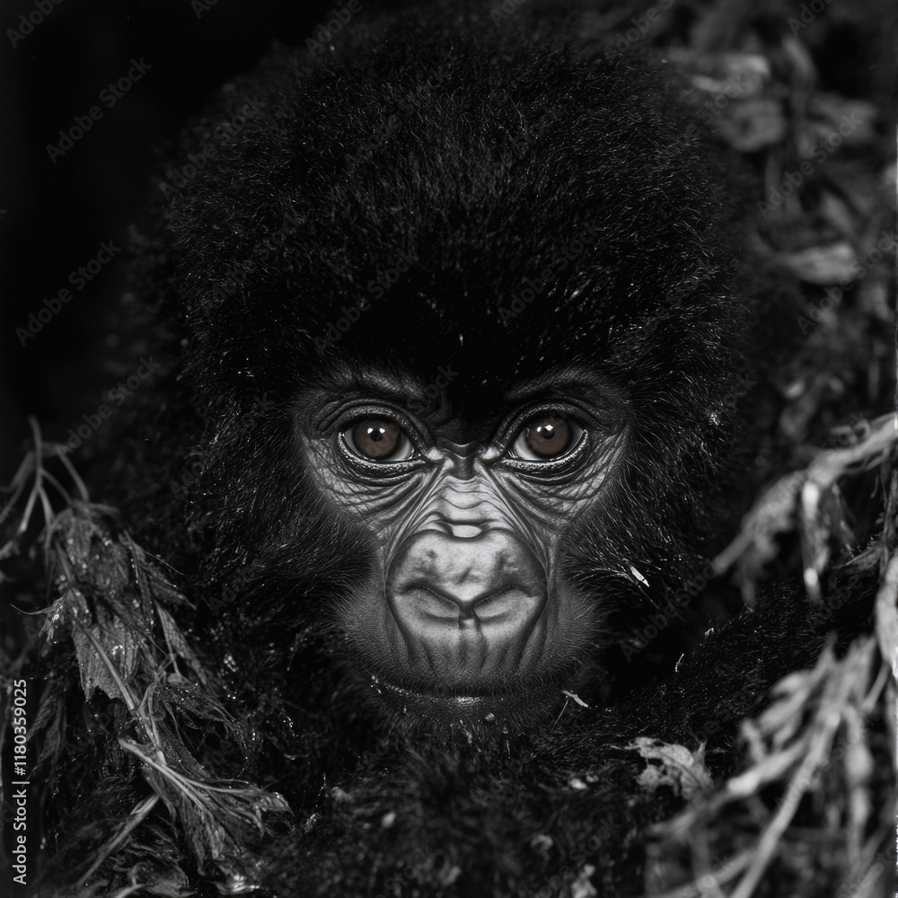 Poster a close-up image of a gorilla's face in monochrome tones, great for use in editorial or educational 