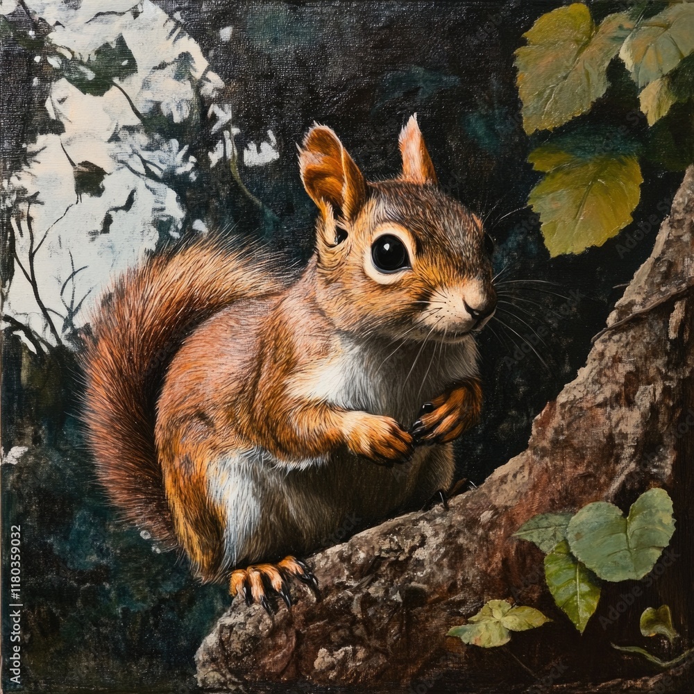 Poster a close-up photo of a squirrel sitting on a tree branch, surrounded by leaves and branches