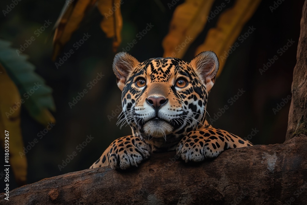 Poster A close-up view of a leopard's face and neck on a tree branch
