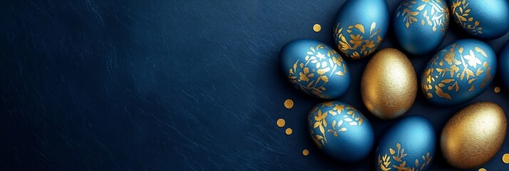 Golden and light blue easter eggs with golden pattern on textured dark blue background. Simple spring background for greeting card, banner, poster. Top view, flat lay with copy space