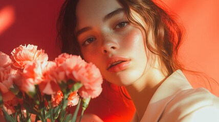 Fototapeta premium A woman is posing with a bouquet of pink flowers