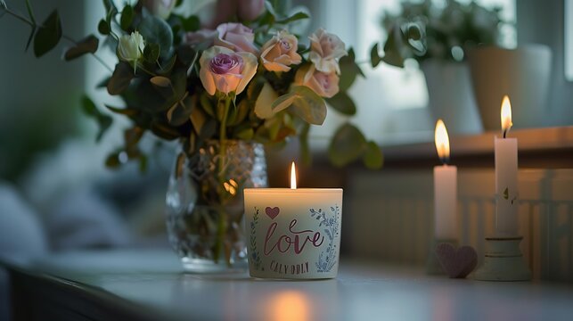 Fototapeta A cozy candle set with love-themed inscriptions placed on a white table