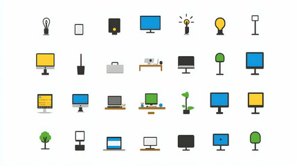 Fototapeta premium Flat design icons of home office elements. Various desktop items and office accessories. Background shows diverse workspace items.