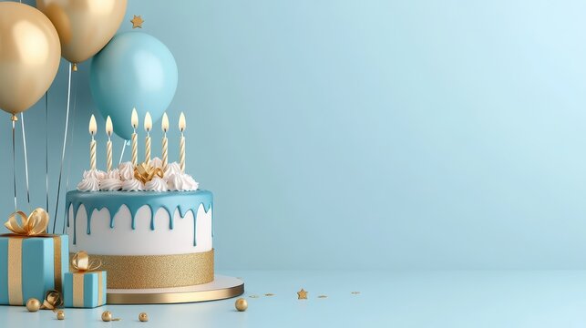 Blue golden happy birthday cake invitation card banner background with balloons, candle and giftbox