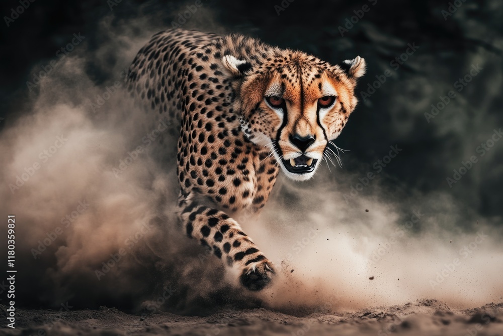 Poster a cheetah running through dusty terrain