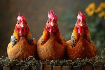 Fototapeta premium Farm animals sitting on a stack of hay, close up