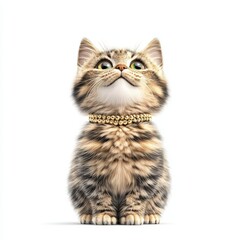 Fototapeta premium A charming Minuet cat with striking stripes sits elegantly, wearing a pearl necklace, exuding an adorable and playful aura.