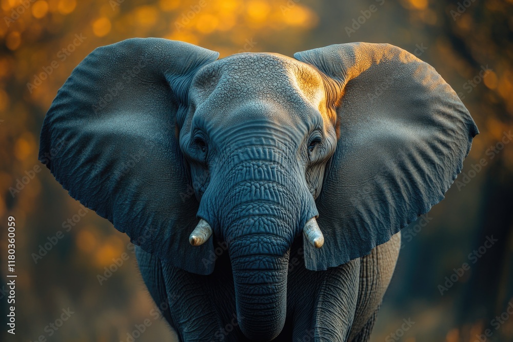 Poster close-up portrait of an elephant's face, surrounded by trees