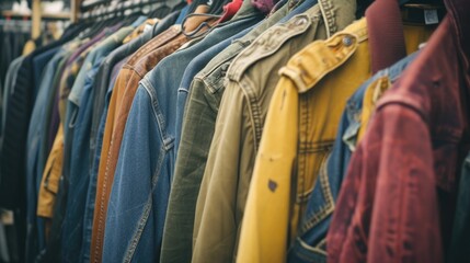 Obraz premium Colorful variety of vintage jackets on display in clothing store. Second hand clothes for sale. Sustainable lifestyle concept. Reuse outfits. Environmental Protection. Zero waste life, eco-friendly