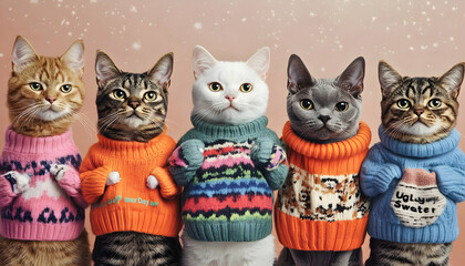 A fun image of cats and dogs wearing colorful ugly sweaters, celebrating "Ugly Sweater Day." Their playful expressions and cozy attire bring joy and humor to the festive occasion