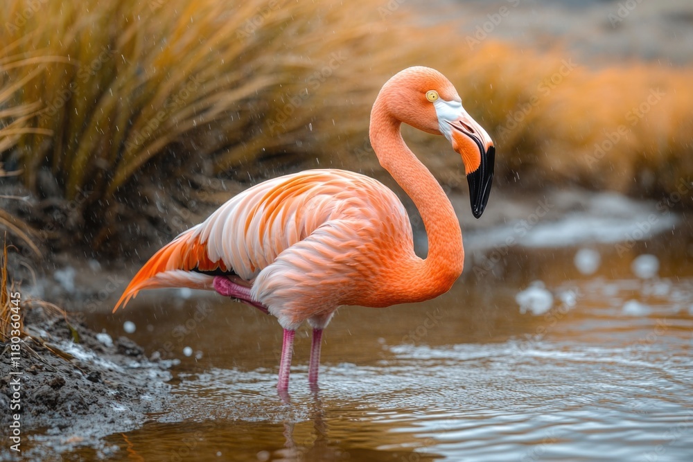 Poster a flamingo stands in the water with its head submerged, looking for food or taking a break