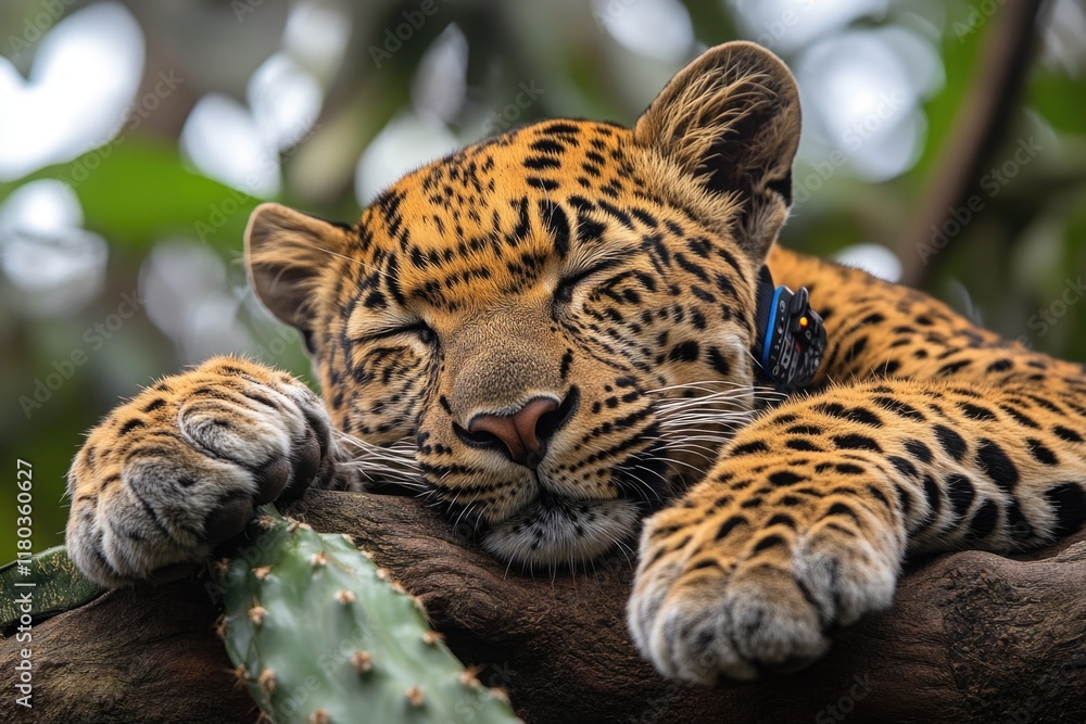 Poster A leopard is resting on a tree branch in a natural setting