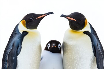 Obraz premium Two penguins stand side by side, their tuxedo-like feathers glistening in the light