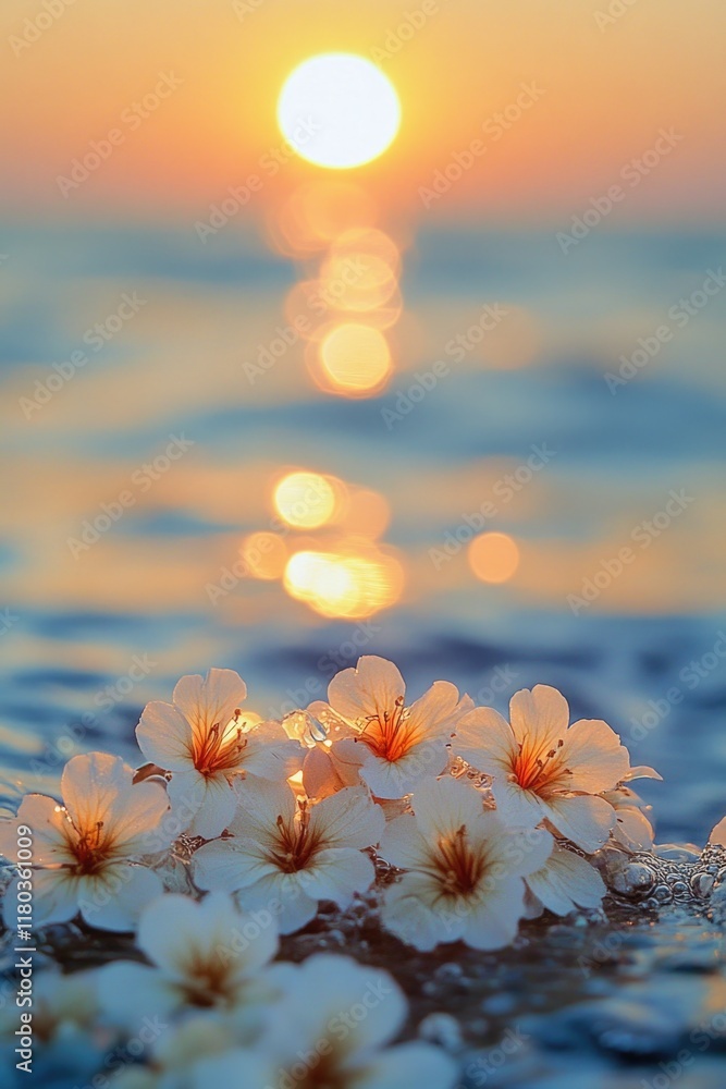 Poster a group of flowers floating on the surface of a calm body of water
